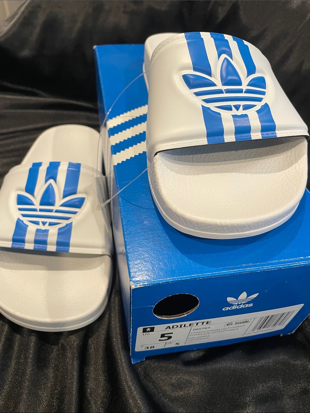 adidas White and Blue Kids Slide Sandals